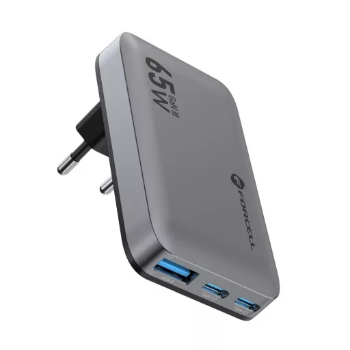 Forcell F-Energy hálózati töltő Ultra Slim GaN III 2×USB-C + USB-A QC4.0 PD 4A 65W VT-47 szürke