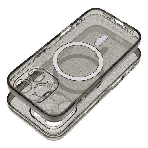 iPhone 14 PRO MAX Clear Mag Cover tok (STR / kameravédelem) – Magsafe kompatibilis – fekete csillámos