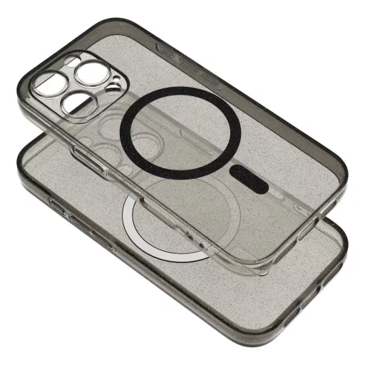 iPhone 14 PRO MAX Clear Mag Cover tok (STR / kameravédelem) – Magsafe kompatibilis – fekete csillámos