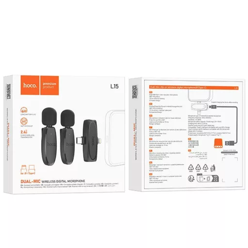 Hoco L15 vezeték nélküli csíptetős mikrofon Lightning / USB-C (2 db) fekete