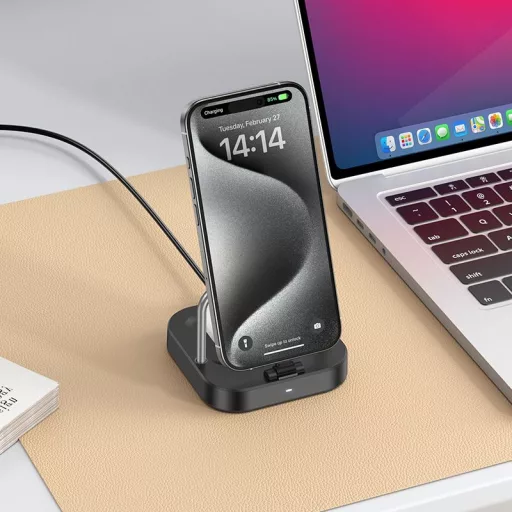 Hoco 2 az 1-ben asztali töltő USB-C PD QC 3A 30W + vezeték nélküli töltés 5W CQ16B fekete
