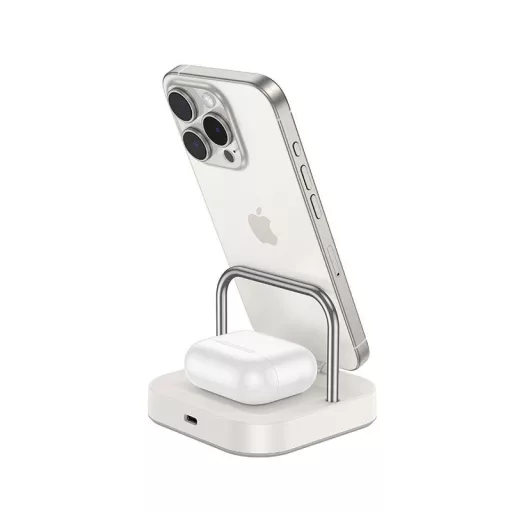 Hoco 2 az 1-ben asztali töltő USB-C PD QC 3A 30W + vezeték nélküli töltés 5W CQ16B tejfehér