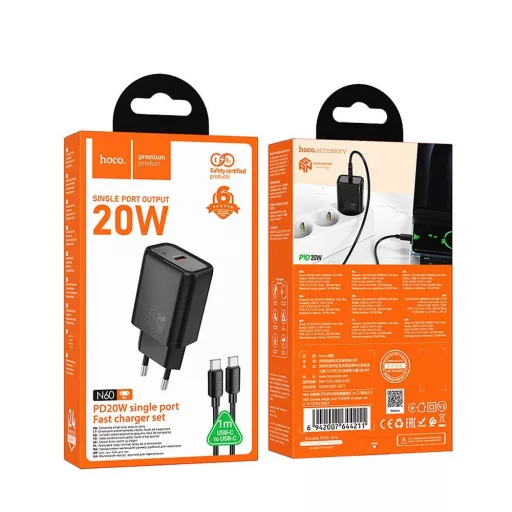 Hoco hálózati töltő USB-C QC PD 20W + USB-C – USB-C kábel N60 fekete