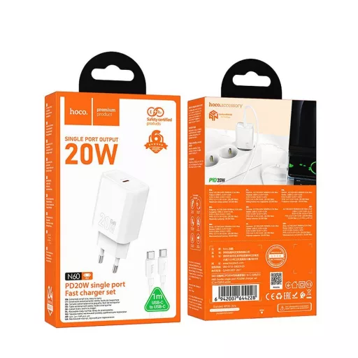 Hoco hálózati töltő USB-C QC PD 20W + USB-C – Lightning kábel N60 fehér