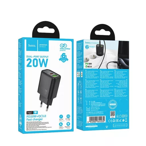 Hoco hálózati töltő USB-A + USB-C QC3.0 PD 3A 20W N61 fekete