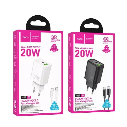 Hoco hálózati töltő USB-A + USB-C QC3.0 PD 3A 20W + USB-C – USB-C kábel N61 fehér
