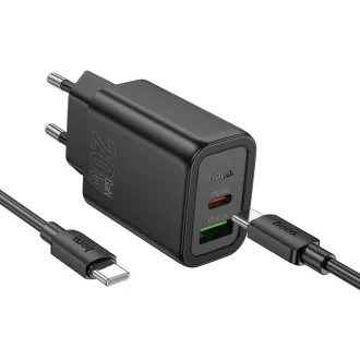   Hoco hálózati töltő USB-A + USB-C QC3.0 PD 3A 20W + USB-C – USB-C kábel N61 fekete