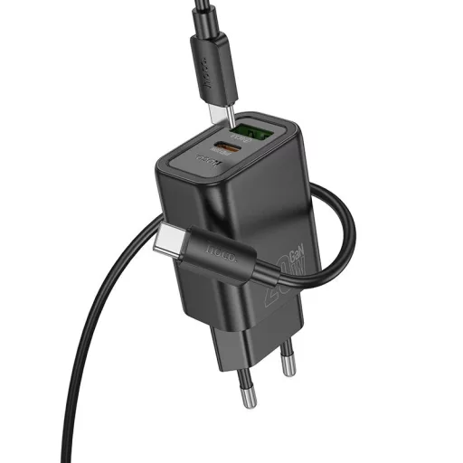 Hoco hálózati töltő USB-A + USB-C QC3.0 PD 3A 20W + USB-C – USB-C kábel N61 fekete