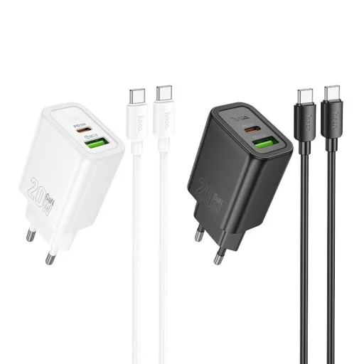 Hoco hálózati töltő USB-A + USB-C QC3.0 PD 3A 20W + USB-C – USB-C kábel N61 fekete