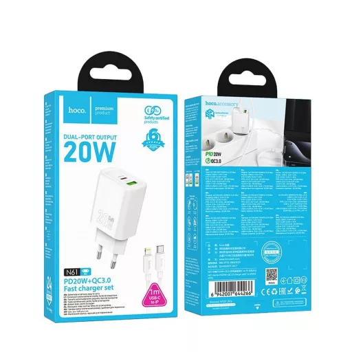 Hoco hálózati töltő USB-A + USB-C QC3.0 PD 3A 20W + USB-C – Lightning kábel N61 fehér