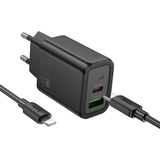 Hoco hálózati töltő USB-A + USB-C QC3.0 PD 3A 20W + USB-C – Lightning kábel N61 fekete