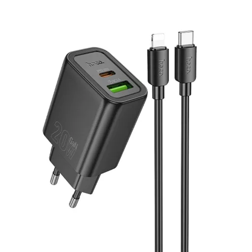 Hoco hálózati töltő USB-A + USB-C QC3.0 PD 3A 20W + USB-C – Lightning kábel N61 fekete