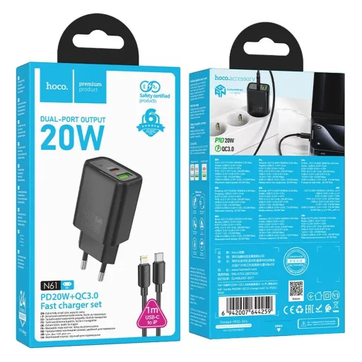 Hoco hálózati töltő USB-A + USB-C QC3.0 PD 3A 20W + USB-C – Lightning kábel N61 fekete