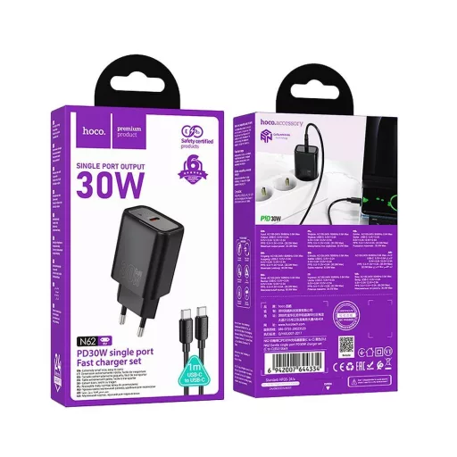 Hoco hálózati töltő USB-C QC PD 30W + USB-C – USB-C kábel N62 fekete