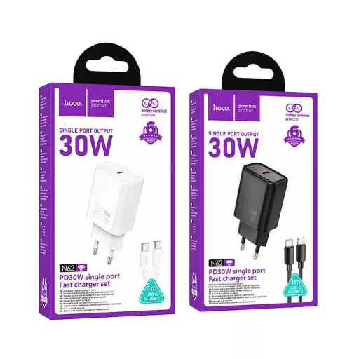 Hoco hálózati töltő USB-C QC PD 30W + USB-C – USB-C kábel N62 fekete