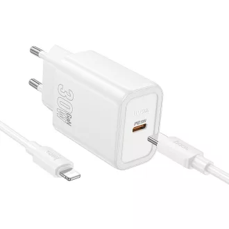   Hoco hálózati töltő USB-C QC PD 30W + USB-C – Lightning kábel N62 fehér
