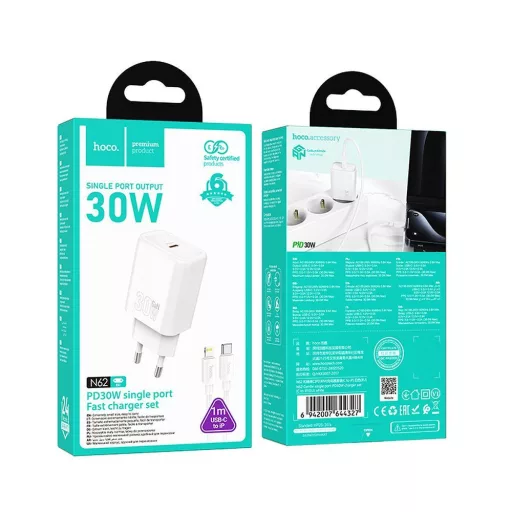 Hoco hálózati töltő USB-C QC PD 30W + USB-C – Lightning kábel N62 fehér