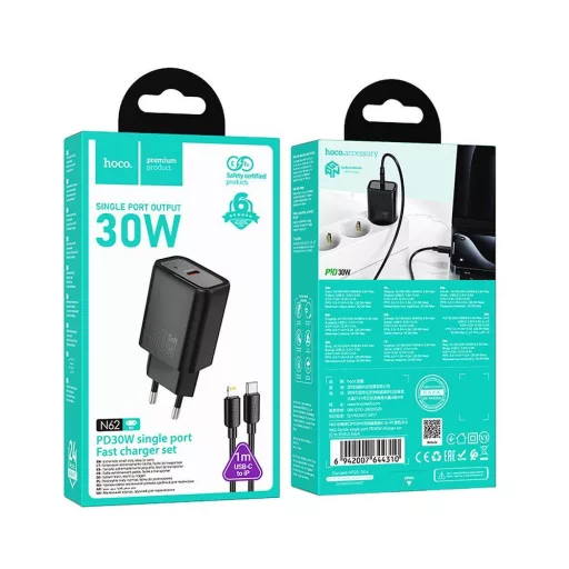 Hoco hálózati töltő USB-C QC PD 30W + USB-C – Lightning kábel N62 fekete