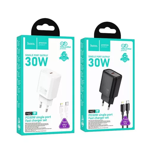 Hoco hálózati töltő USB-C QC PD 30W + USB-C – Lightning kábel N62 fekete