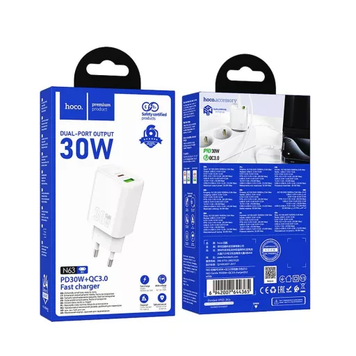 Hoco hálózati töltő USB-A + USB-C QC3.0 PD 3A 30W N63 fehér