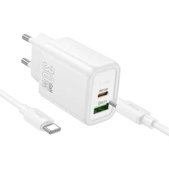   Hoco hálózati töltő USB-A + USB-C QC3.0 PD 3A 30W + USB-C – USB-C kábel N63 fehér