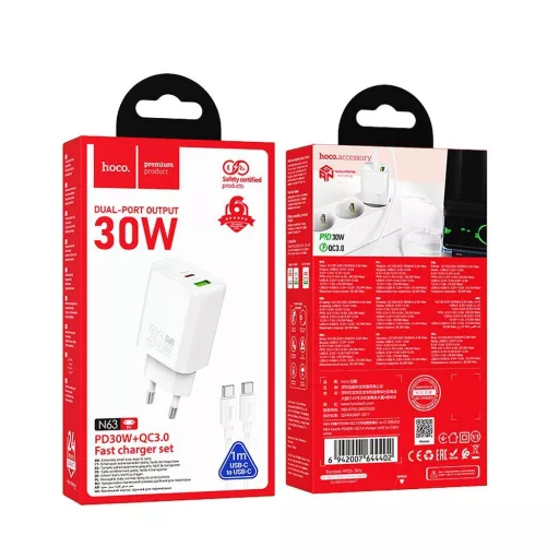 Hoco hálózati töltő USB-A + USB-C QC3.0 PD 3A 30W + USB-C – USB-C kábel N63 fehér