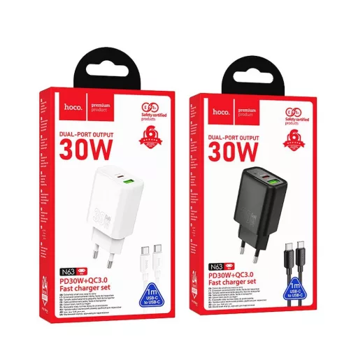 Hoco hálózati töltő USB-A + USB-C QC3.0 PD 3A 30W + USB-C – USB-C kábel N63 fehér