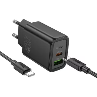   Hoco hálózati töltő USB-A + USB-C QC3.0 PD 3A 30W + USB-C – USB-C kábel N63 fekete