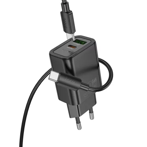 Hoco hálózati töltő USB-A + USB-C QC3.0 PD 3A 30W + USB-C – USB-C kábel N63 fekete