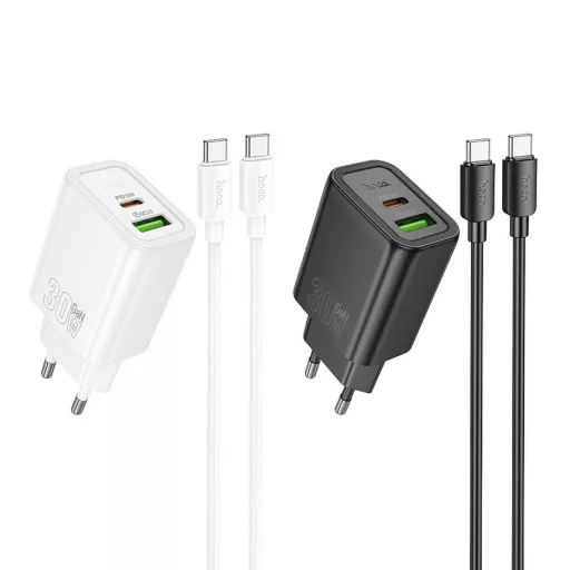 Hoco hálózati töltő USB-A + USB-C QC3.0 PD 3A 30W + USB-C – USB-C kábel N63 fekete