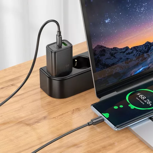 Hoco hálózati töltő USB-A + USB-C QC3.0 PD 3A 30W + USB-C – USB-C kábel N63 fekete