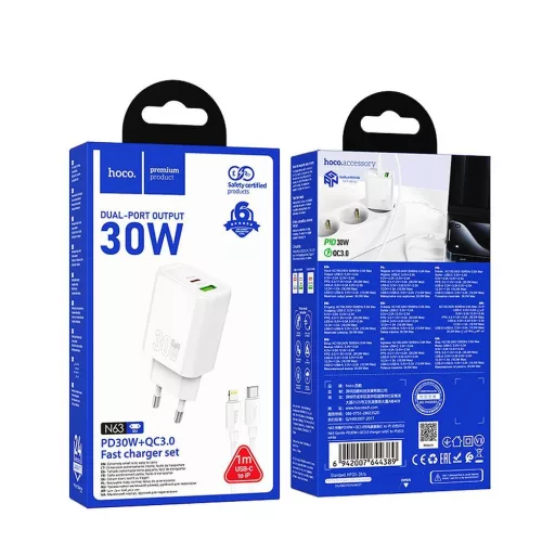 Hoco hálózati töltő USB-A + USB-C QC3.0 PD 3A 30W + USB-C – Lightning kábel N63 fehér