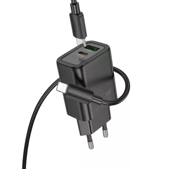   Hoco hálózati töltő USB-A + USB-C QC3.0 PD 3A 30W + USB-C – Lightning kábel N63 fekete