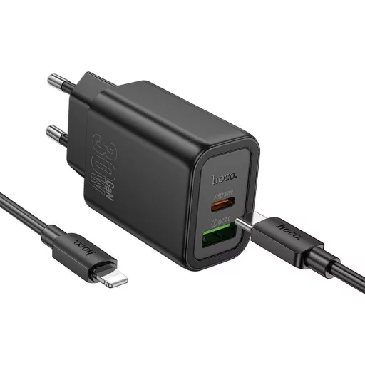 Hoco hálózati töltő USB-A + USB-C QC3.0 PD 3A 30W + USB-C – Lightning kábel N63 fekete
