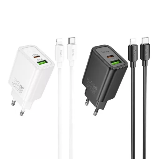 Hoco hálózati töltő USB-A + USB-C QC3.0 PD 3A 30W + USB-C – Lightning kábel N63 fekete