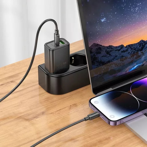 Hoco hálózati töltő USB-A + USB-C QC3.0 PD 3A 30W + USB-C – Lightning kábel N63 fekete