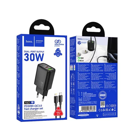 Hoco hálózati töltő USB-A + USB-C QC3.0 PD 3A 30W + USB-C – Lightning kábel N63 fekete