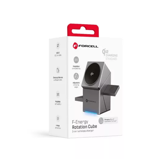 Forcell F-Energy Rotation Cube 3 az 1-ben vezeték nélküli töltő Qi2 MagSafe kompatibilis F-06 ezüst