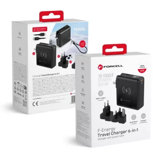   Forcell F-Energy multifunkciós töltő 6-in-1 USB-A + USB-C PD 45W + powerbank 15000mAh + vezeték nélküli töltés 15W fekete