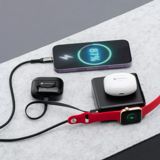 Forcell F-Energy multifunkciós töltő 6-in-1 USB-A + USB-C PD 45W + powerbank 15000mAh + vezeték nélküli töltés 15W fekete