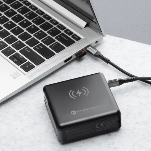 Forcell F-Energy multifunkciós töltő 6-in-1 USB-A + USB-C PD 45W + powerbank 15000mAh + vezeték nélküli töltés 15W fekete
