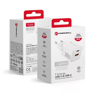   Forcell F-Energy hálózati töltő Mini GaN III USB-C + USB-A QC4.0 PD 30W VT-35 fehér