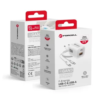   Forcell F-Energy hálózati töltő GaN III Crystal Color USB-C + USB-A QC4.0 PD 33W + USB-C – USB-C szilikon kábel VT-41 fehér