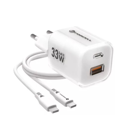 Forcell F-Energy hálózati töltő GaN III Crystal Color USB-C + USB-A QC4.0 PD 33W + USB-C – USB-C szilikon kábel VT-41 fehér