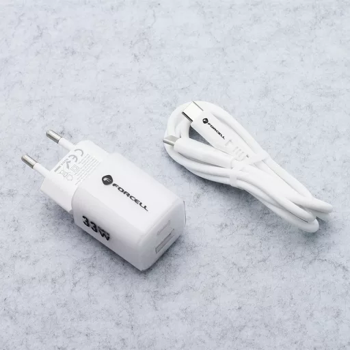 Forcell F-Energy hálózati töltő GaN III Crystal Color USB-C + USB-A QC4.0 PD 33W + USB-C – USB-C szilikon kábel VT-41 fehér