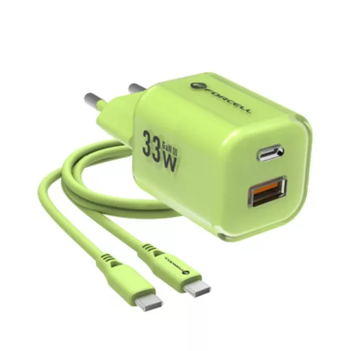 Forcell F-Energy hálózati töltő GaN III Crystal Color USB-C + USB-A QC4.0 PD 33W + USB-C – USB-C szilikon kábel VT-41 zöld