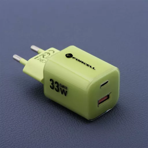 Forcell F-Energy hálózati töltő GaN III Crystal Color USB-C + USB-A QC4.0 PD 33W + USB-C – USB-C szilikon kábel VT-41 zöld