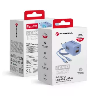   Forcell F-Energy hálózati töltő GaN III Crystal Color USB-C + USB-A QC4.0 PD 33W + USB-C – USB-C szilikon kábel VT-41 kék