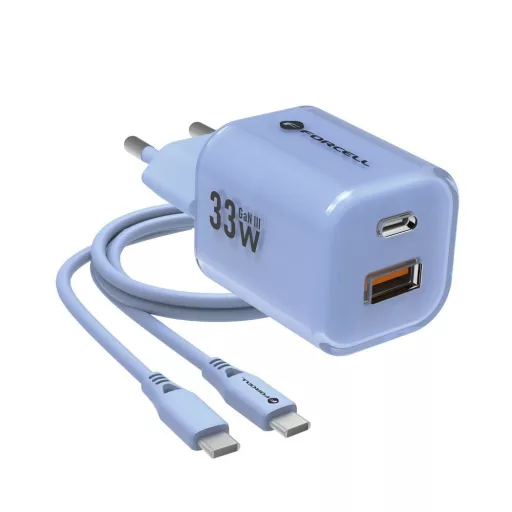 Forcell F-Energy hálózati töltő GaN III Crystal Color USB-C + USB-A QC4.0 PD 33W + USB-C – USB-C szilikon kábel VT-41 kék