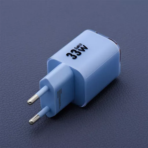 Forcell F-Energy hálózati töltő GaN III Crystal Color USB-C + USB-A QC4.0 PD 33W + USB-C – USB-C szilikon kábel VT-41 kék